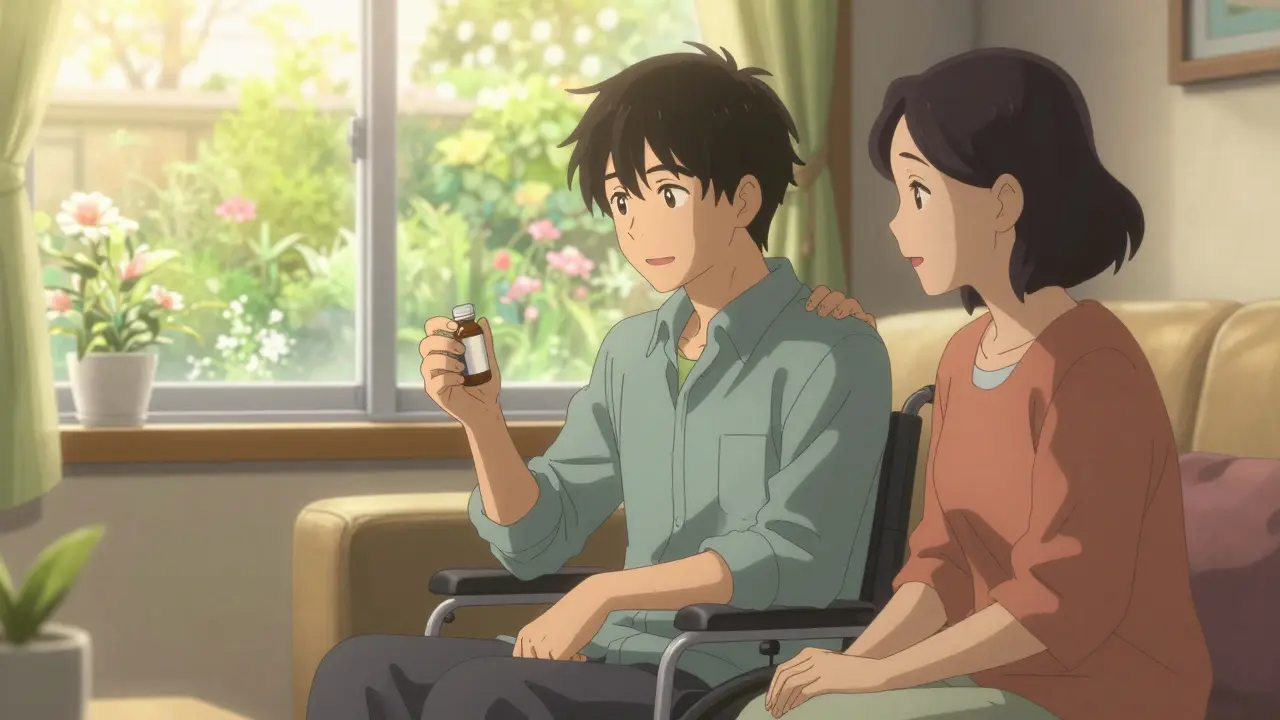 Anime patient taking medicine with loved one in sunlight