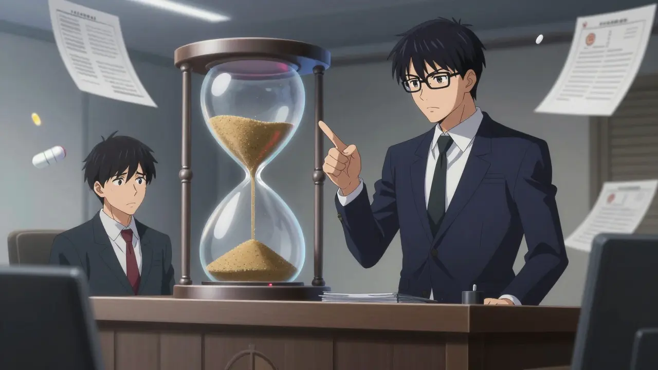 Bishounen lawyer in court pointing at opponent with glowing hourglass symbolizing delay