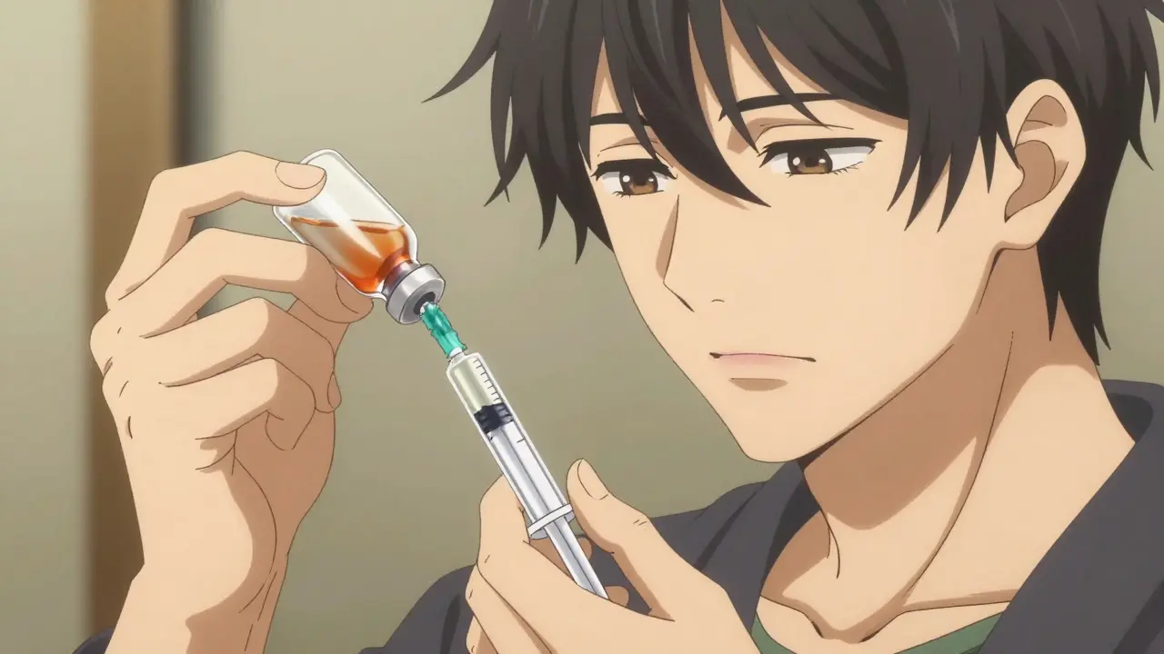 Close-up of a handsome young man's hands in anime style, precisely measuring liquid medicine into an oral syringe, highlighting care and accuracy.