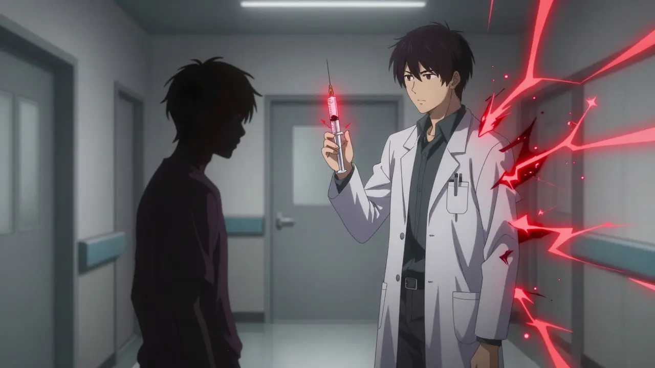 Doctor holding glowing syringe, symbolizing dangerous drug risks