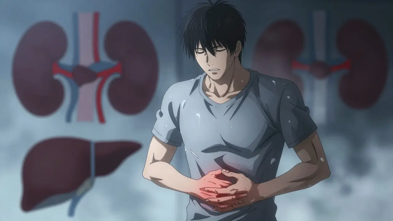 Dramatic anime depiction of fatigue and organ stress symptoms