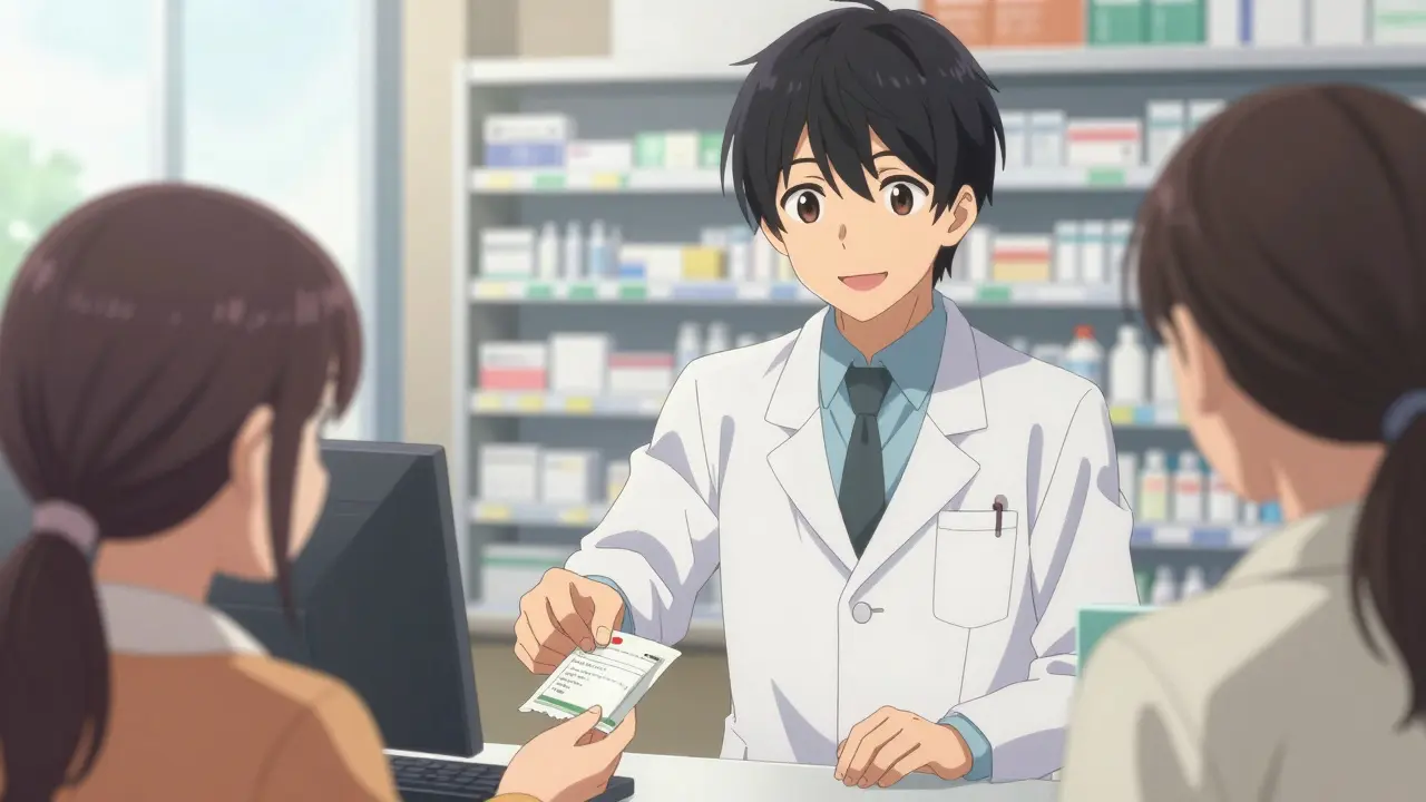 Friendly pharmacist handing medication to a relieved patient