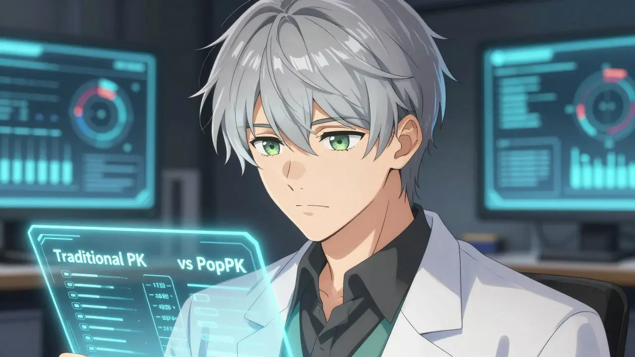 Handsome anime researcher contemplating statistical models in a high-tech setting.