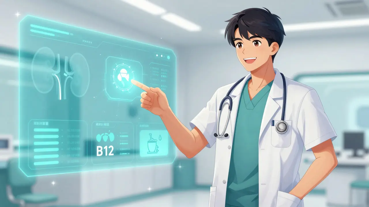 Handsome doctor explaining health monitoring with holographic icons
