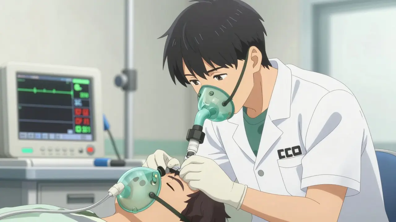 Paramedic applying oxygen mask to patient in urgent medical scene