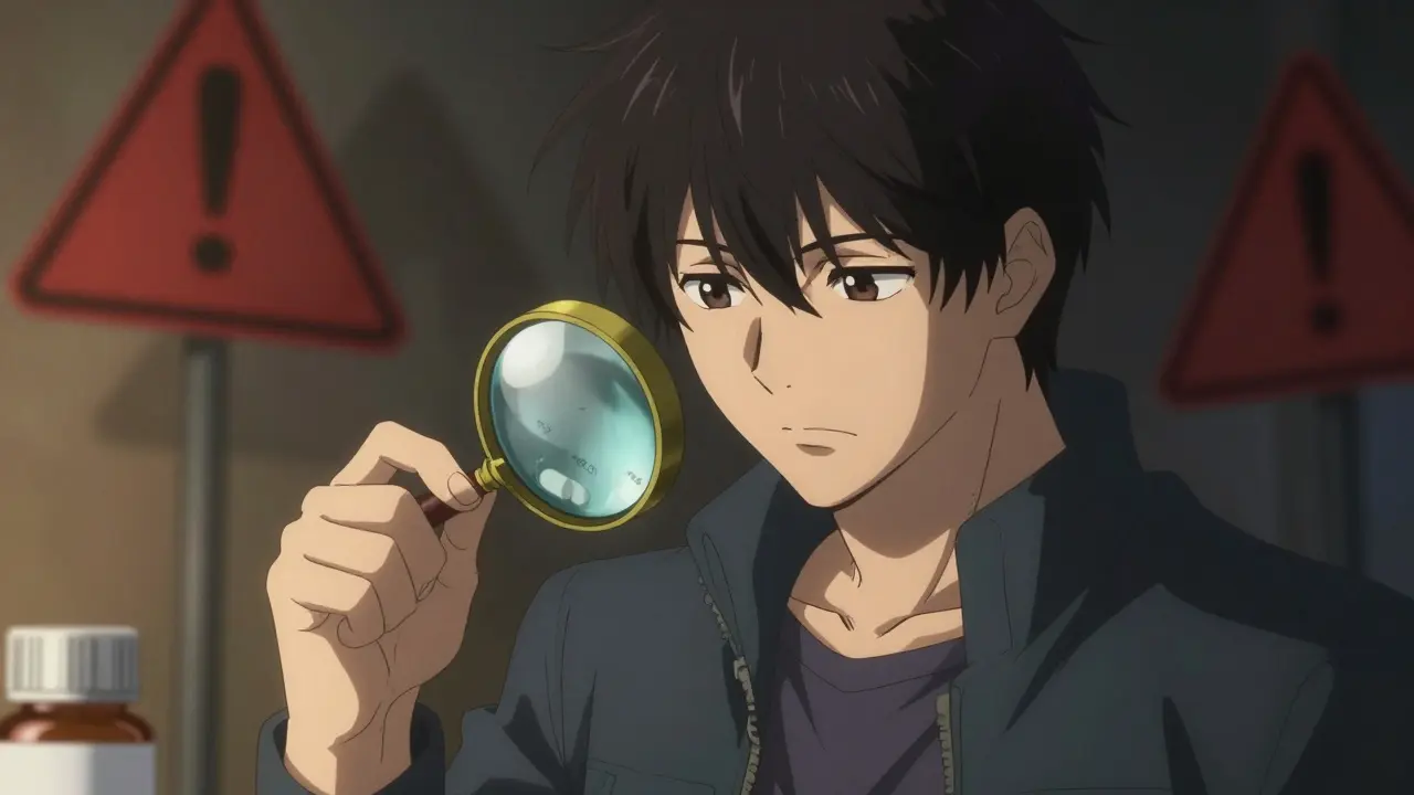 Serious anime character inspecting pill bottle for authenticity and safety