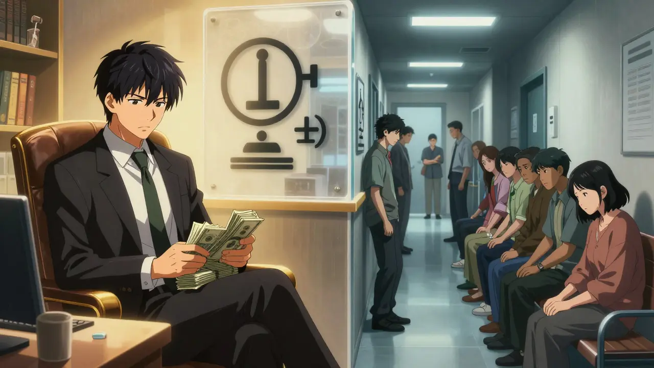 Split anime scene showing wealthy pharma exec vs anxious patients waiting for drugs