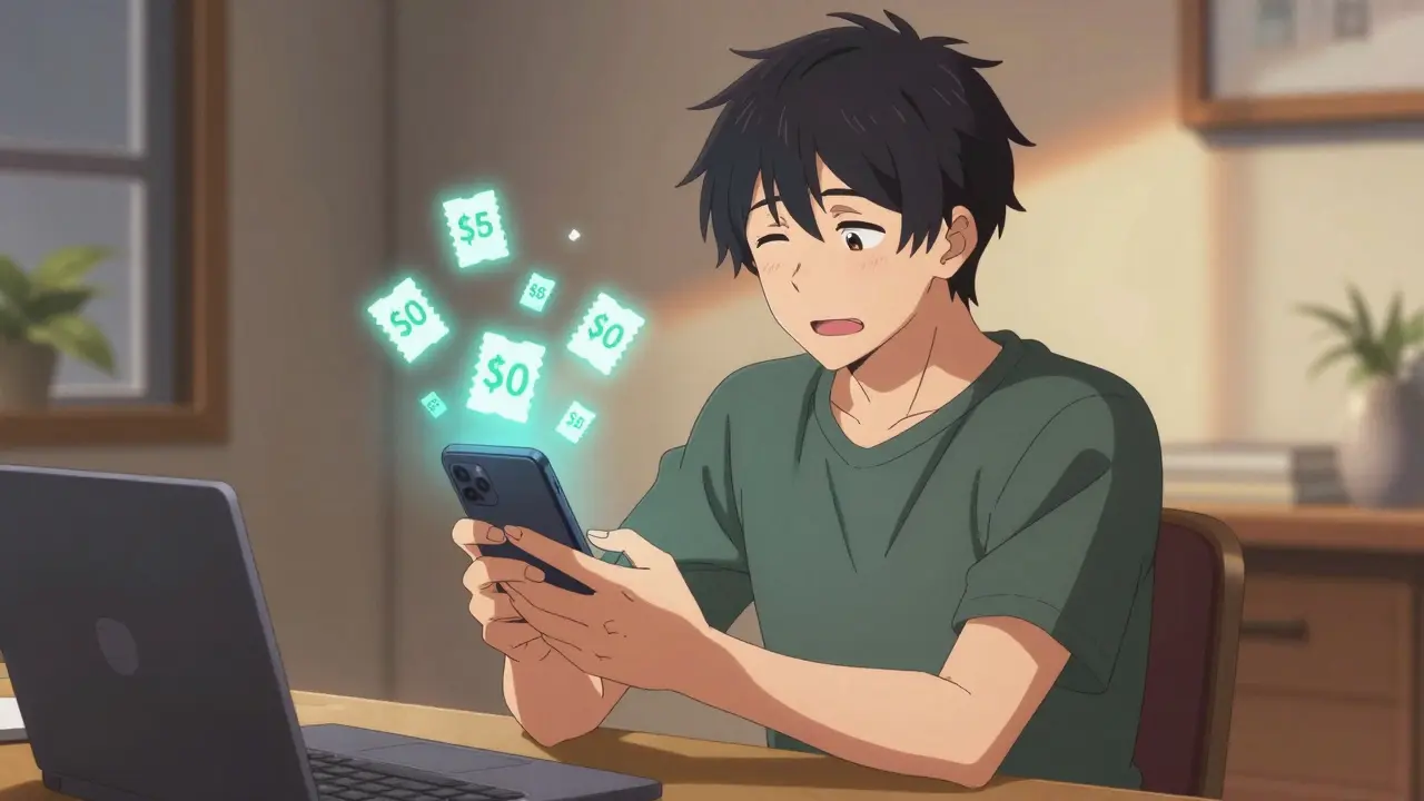 Stylish anime man smiling while using phone app for medication discounts