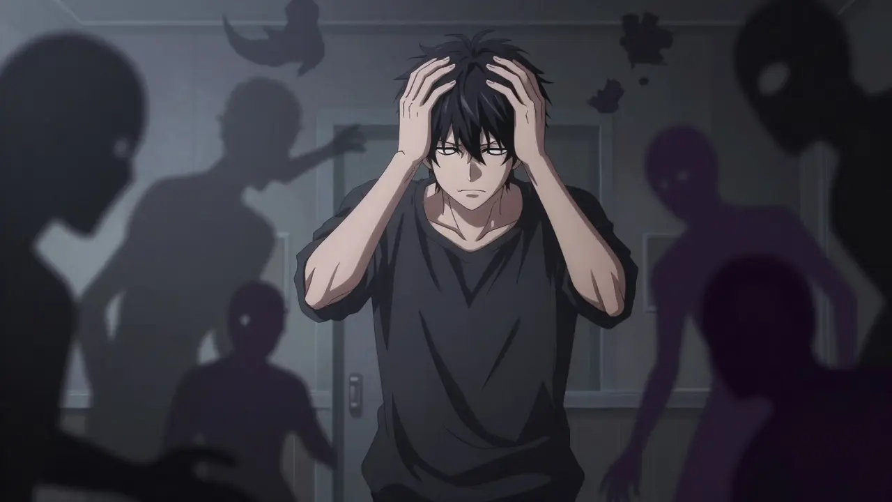 Stylized man experiencing anxiety, surrounded by shadowy thoughts
