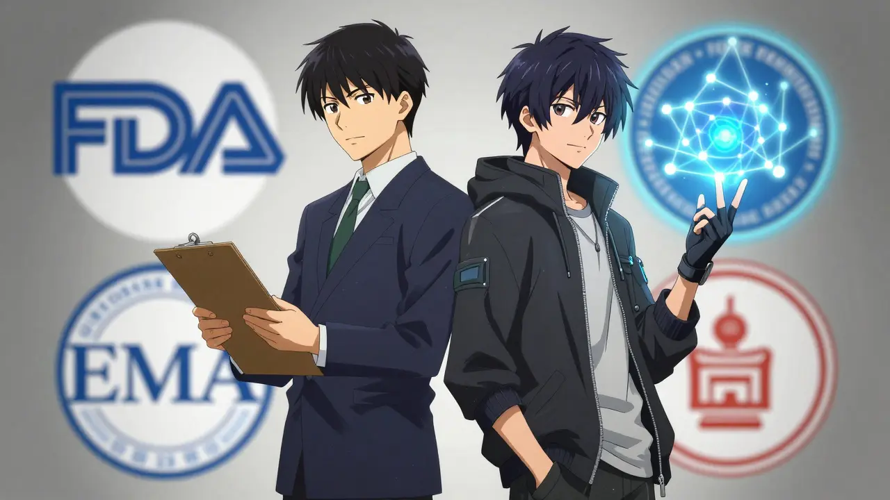 Two bishounen figures symbolizing the evolution from traditional to population pharmacokinetics.