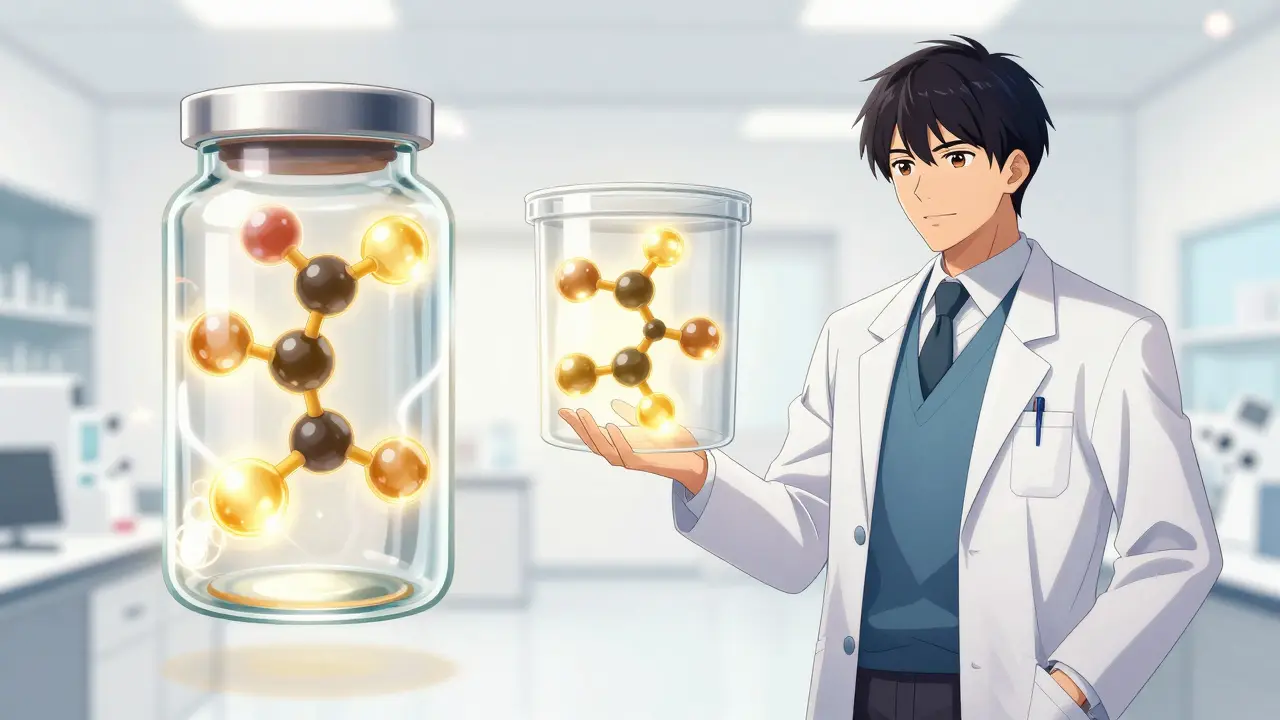 Anime illustration showing identical glowing molecules representing brand and generic drug equivalence.