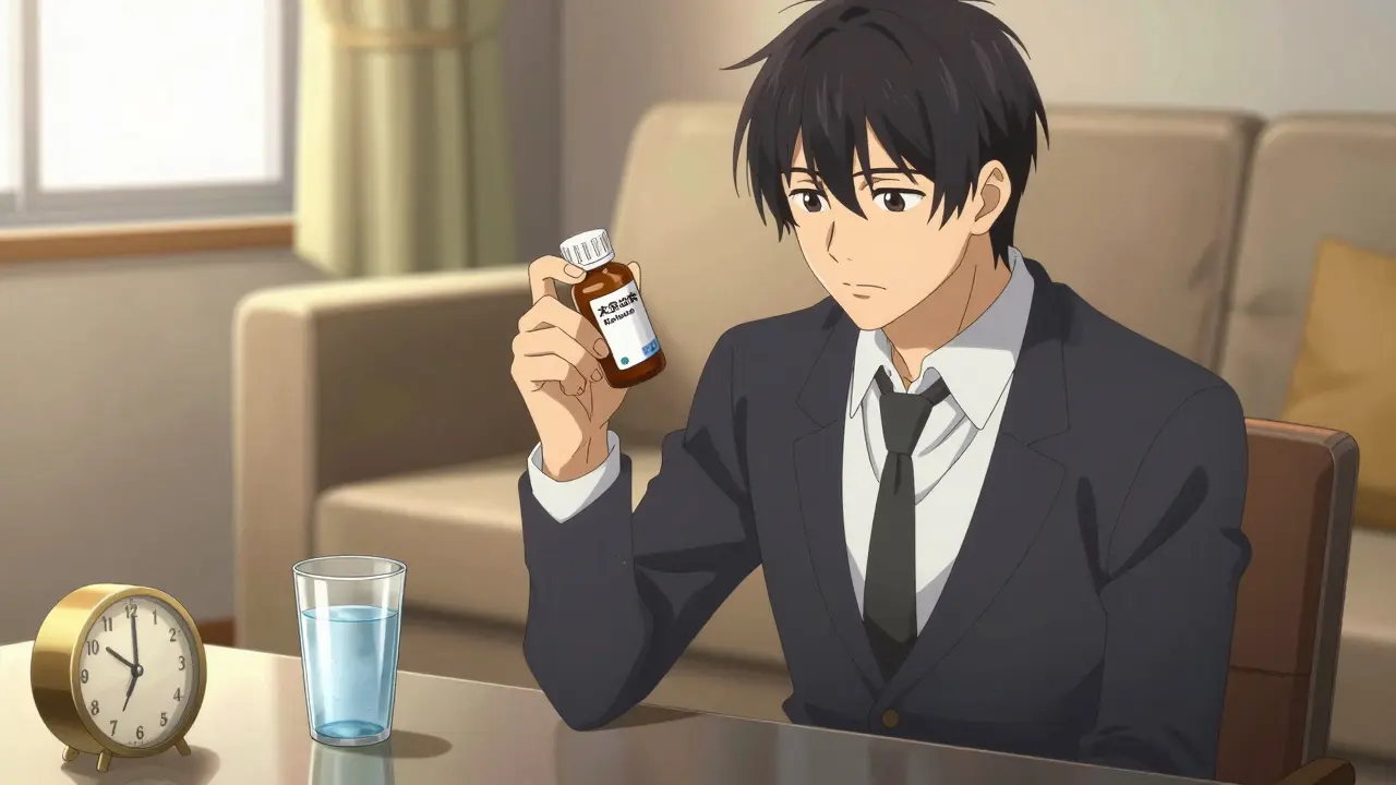 Anime man inspecting medication bottle and checking clock before taking pill.