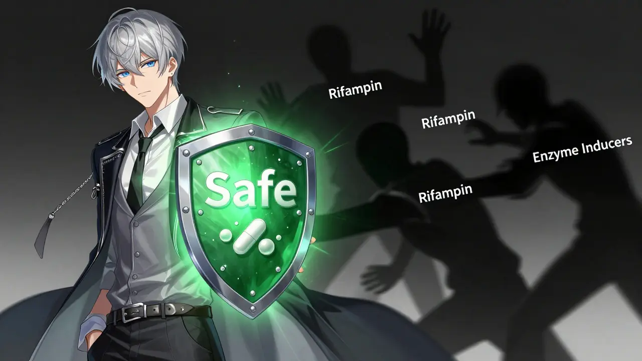 Anime man shielding against dark figures, symbolizing safe antibiotics vs risks.