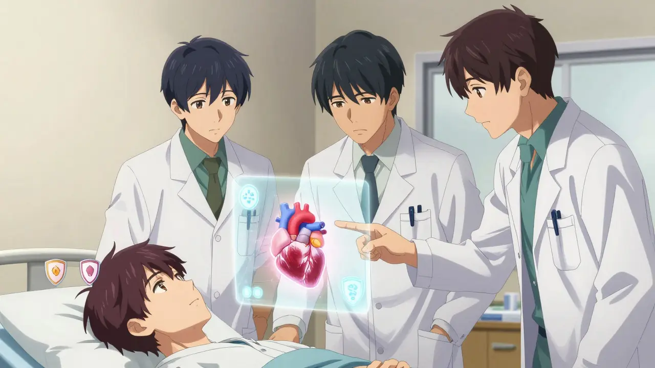 Anime medical team consulting together in a hospital room