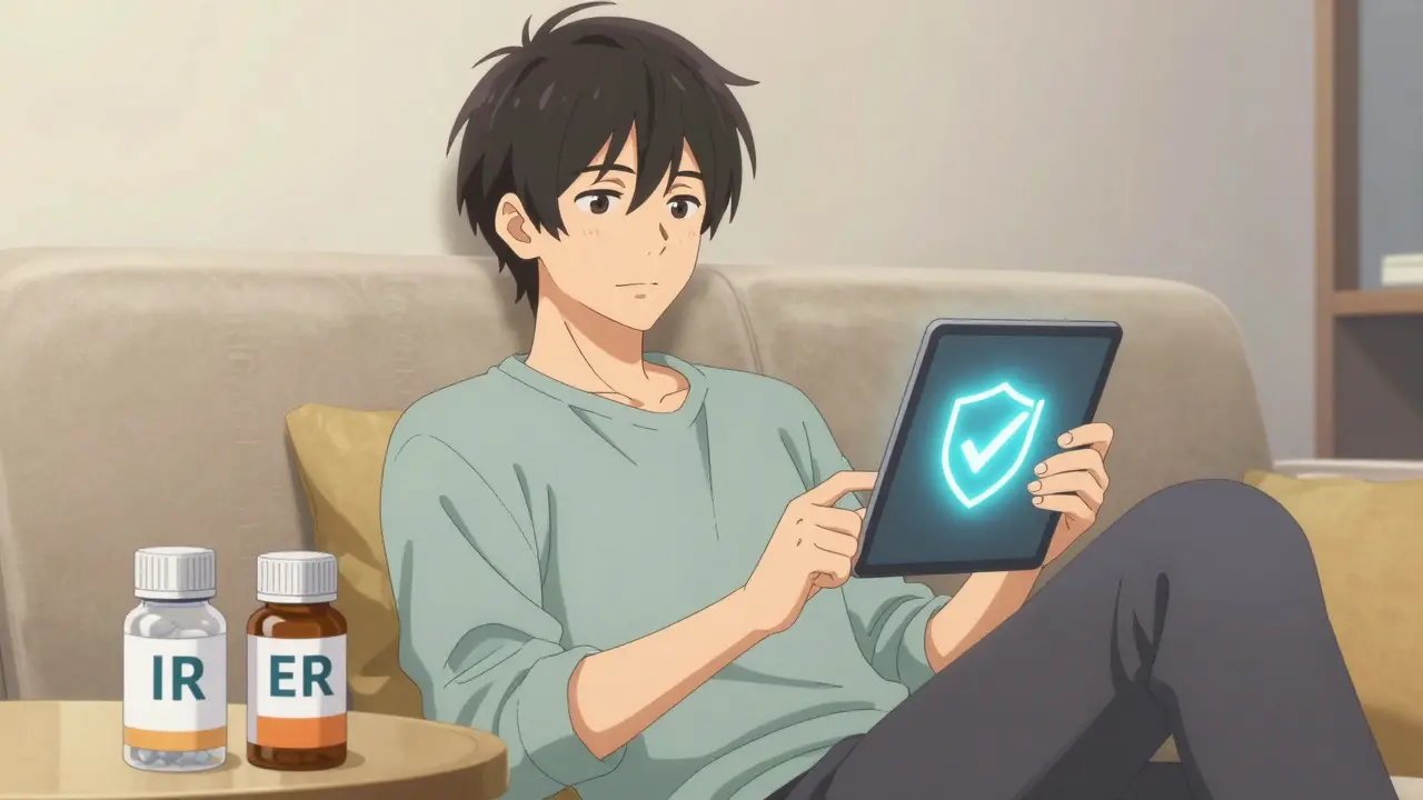 Calm anime man reviewing safe online pharmacy options on tablet