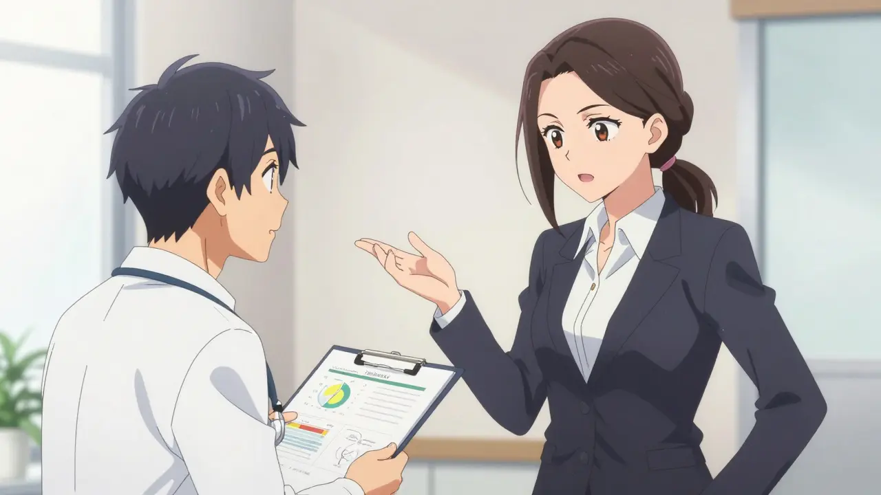 Confident anime woman advocating for herself during a consultation with a doctor.