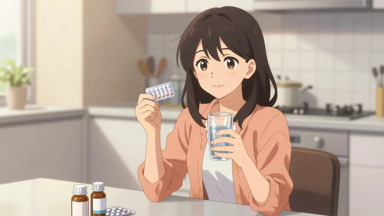 Confident anime woman holding birth control pills and water, looking calm.