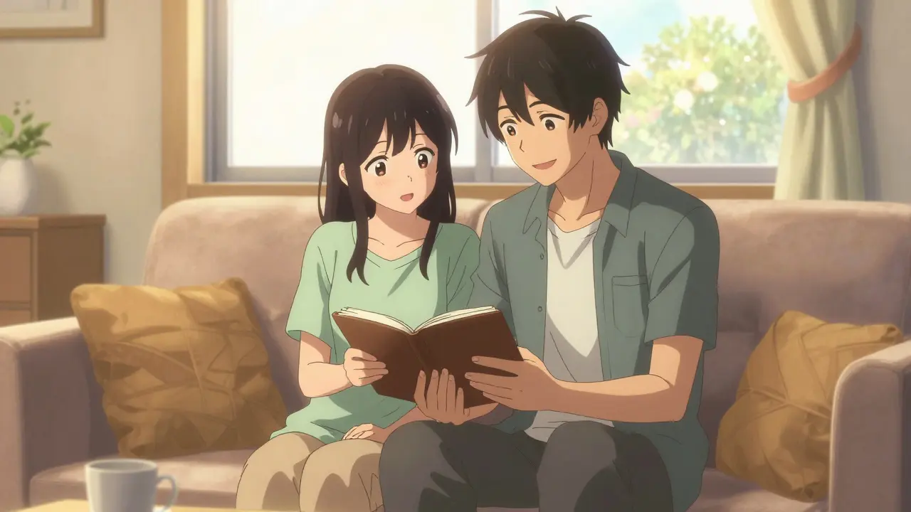 Couple reviewing health journal together happily