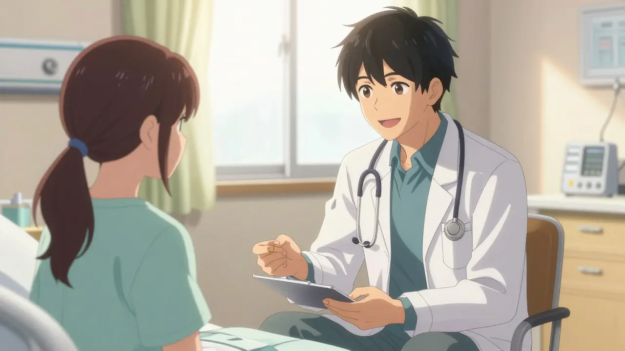Doctor reassuring patient in sunlit hospital room, anime style