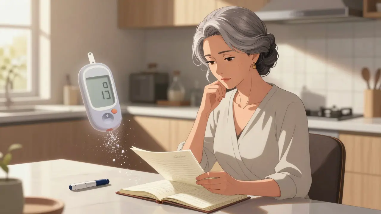Elegant anime woman reviewing health records, symbolizing diabetes risk monitoring.