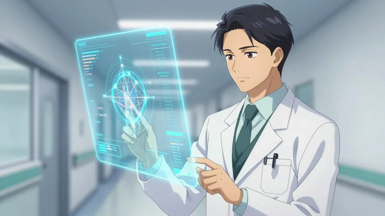 Handsome anime doctor analyzing holographic medical data charts