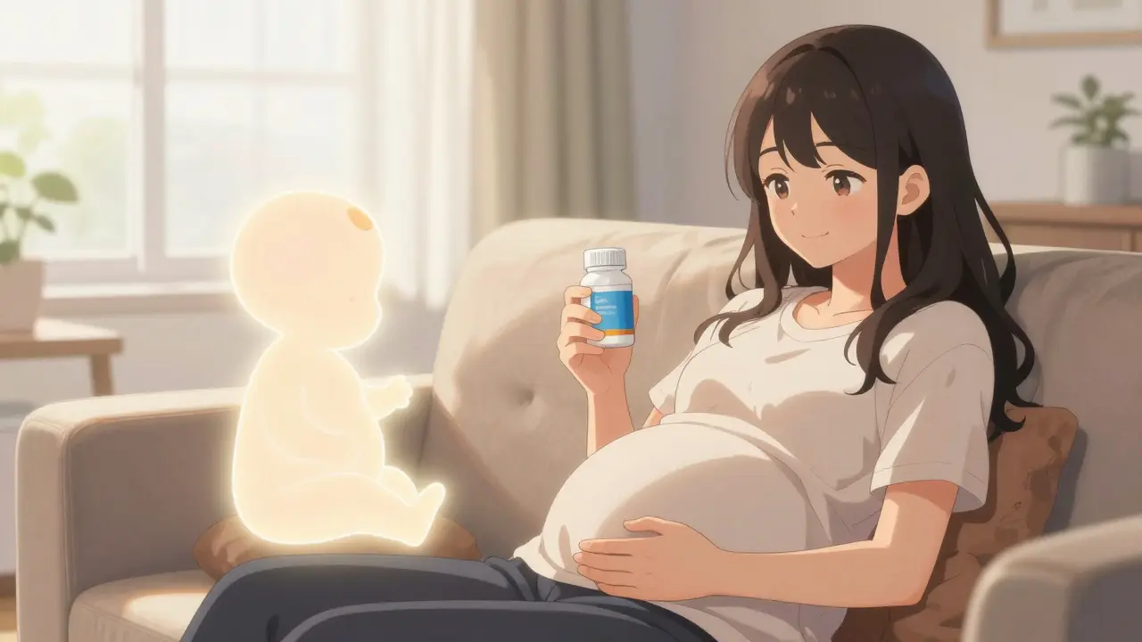 Happy pregnant woman in anime style holding vitamins, with a glowing baby silhouette beside her.