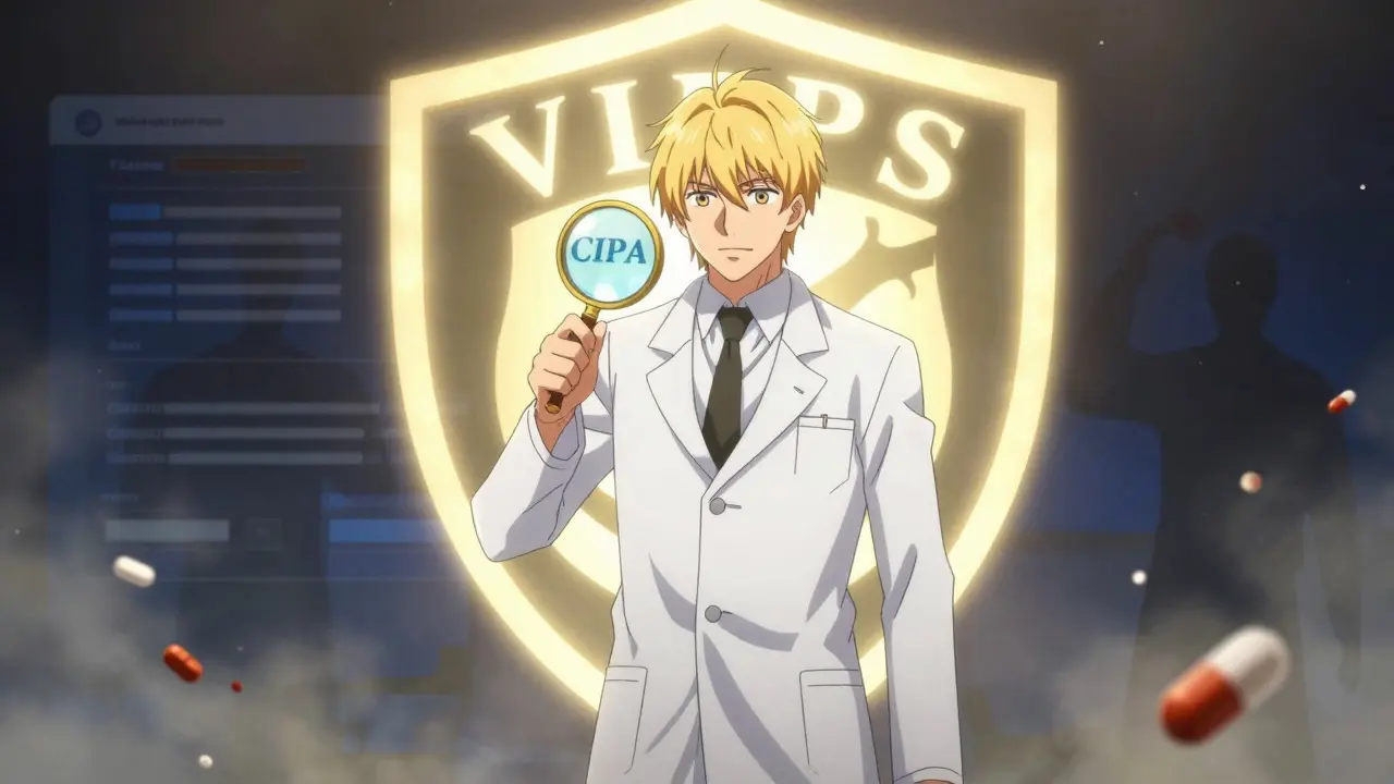 Heroic anime pharmacist protecting against fake sites with VIPPS and CIPA shields.