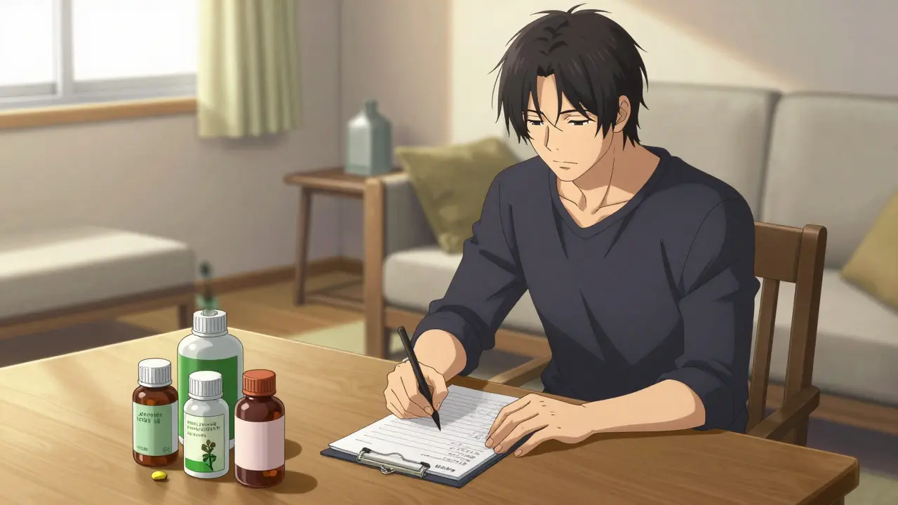 Man reviewing medication logs next to herbal supplements in a sunny room