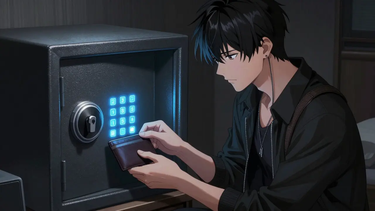 Man testing digital hotel safe in dimly lit room