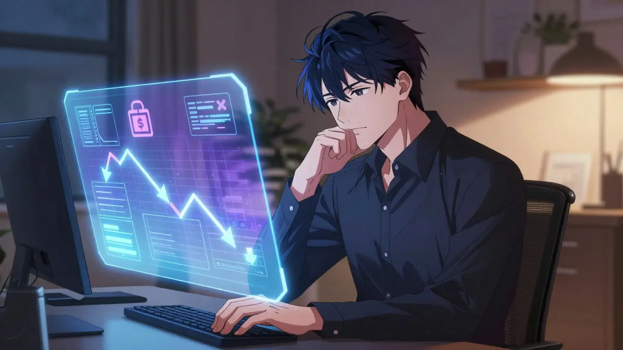 Stylish anime man checking digital price comparisons on hologram