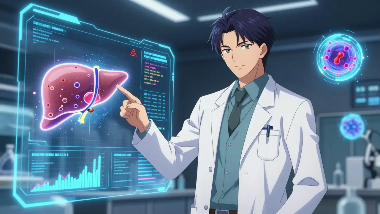 Stylish doctor analyzing liver health data on a futuristic digital screen