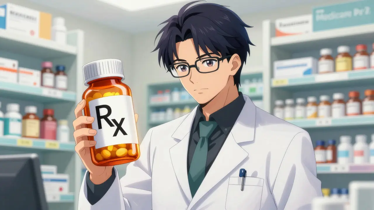 Stylish pharmacist holding a prescription bottle in a bright pharmacy setting.