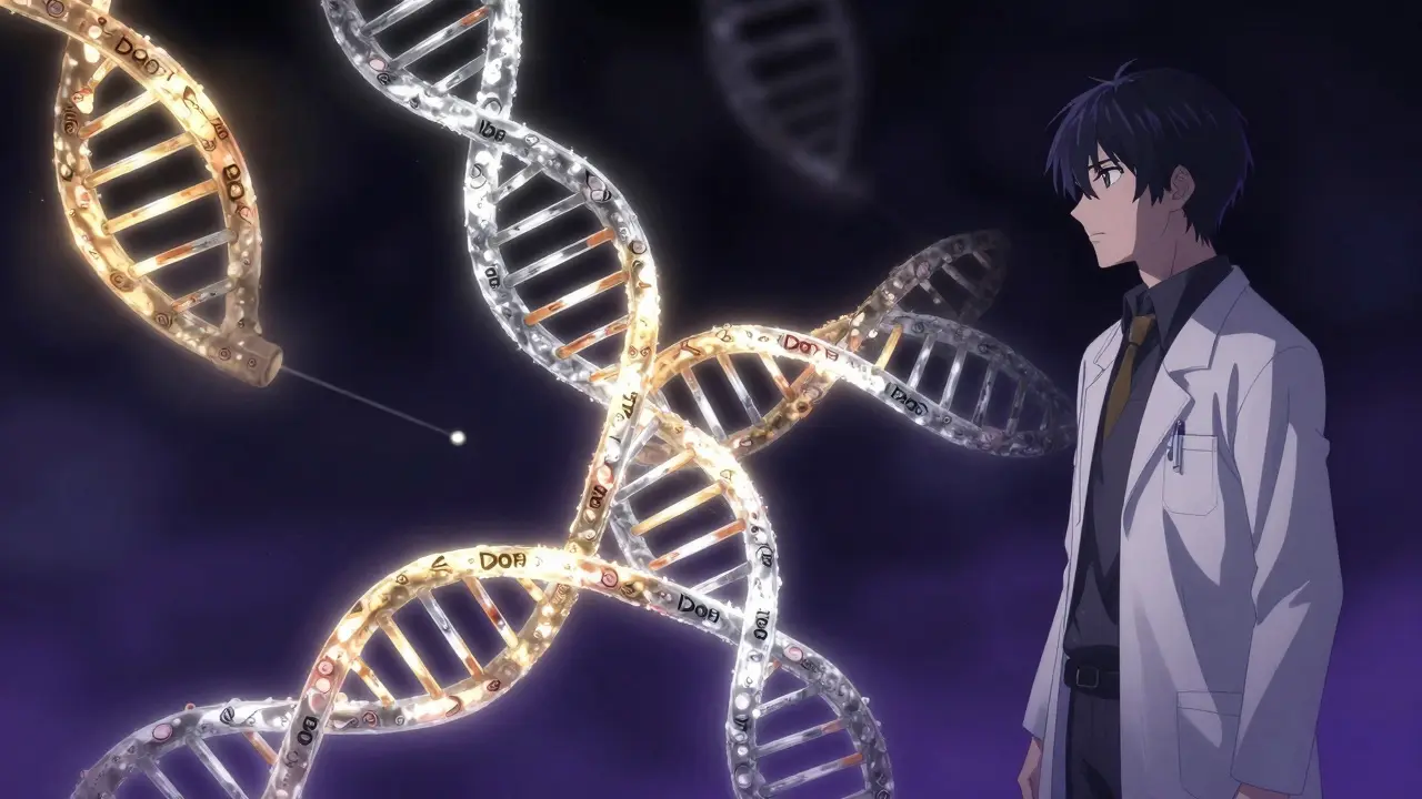 Stylized DNA helix with glowing genetic markers in anime style