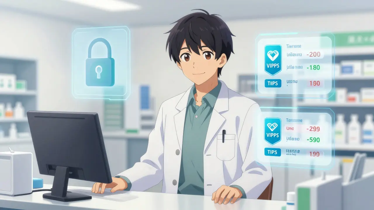 Trustworthy anime pharmacist surrounded by holographic safety and price icons.