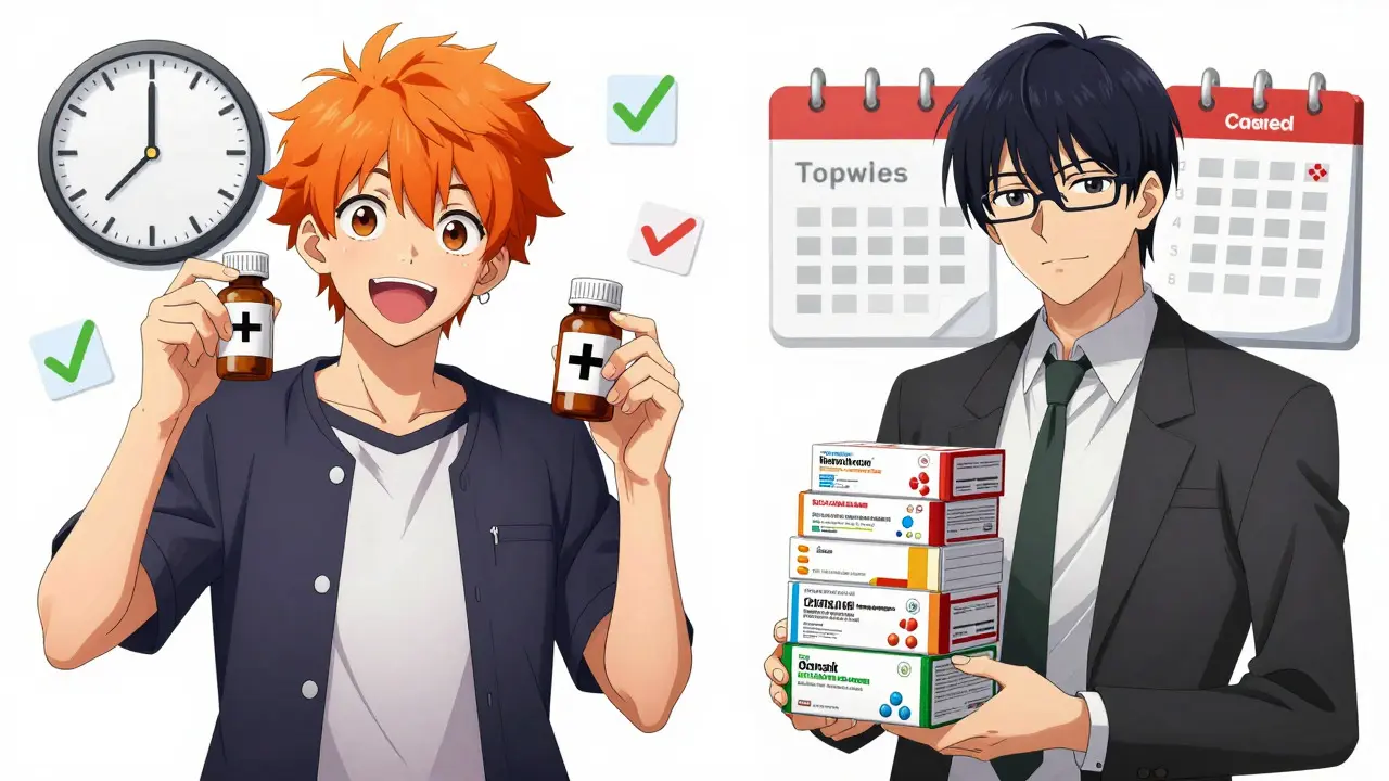 Two anime characters comparing fast US delivery vs bulk Canadian pharmacy options.