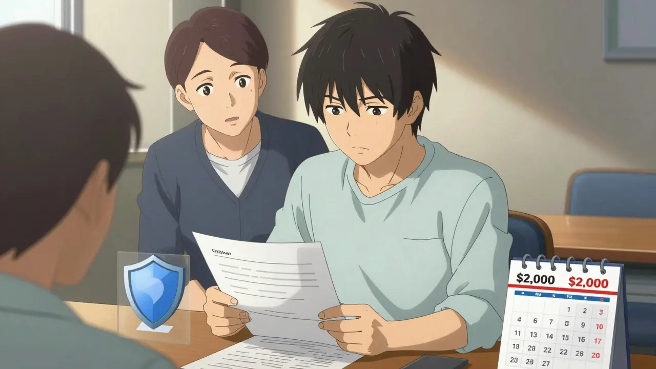 Two people reviewing financial documents and planning for healthcare costs.