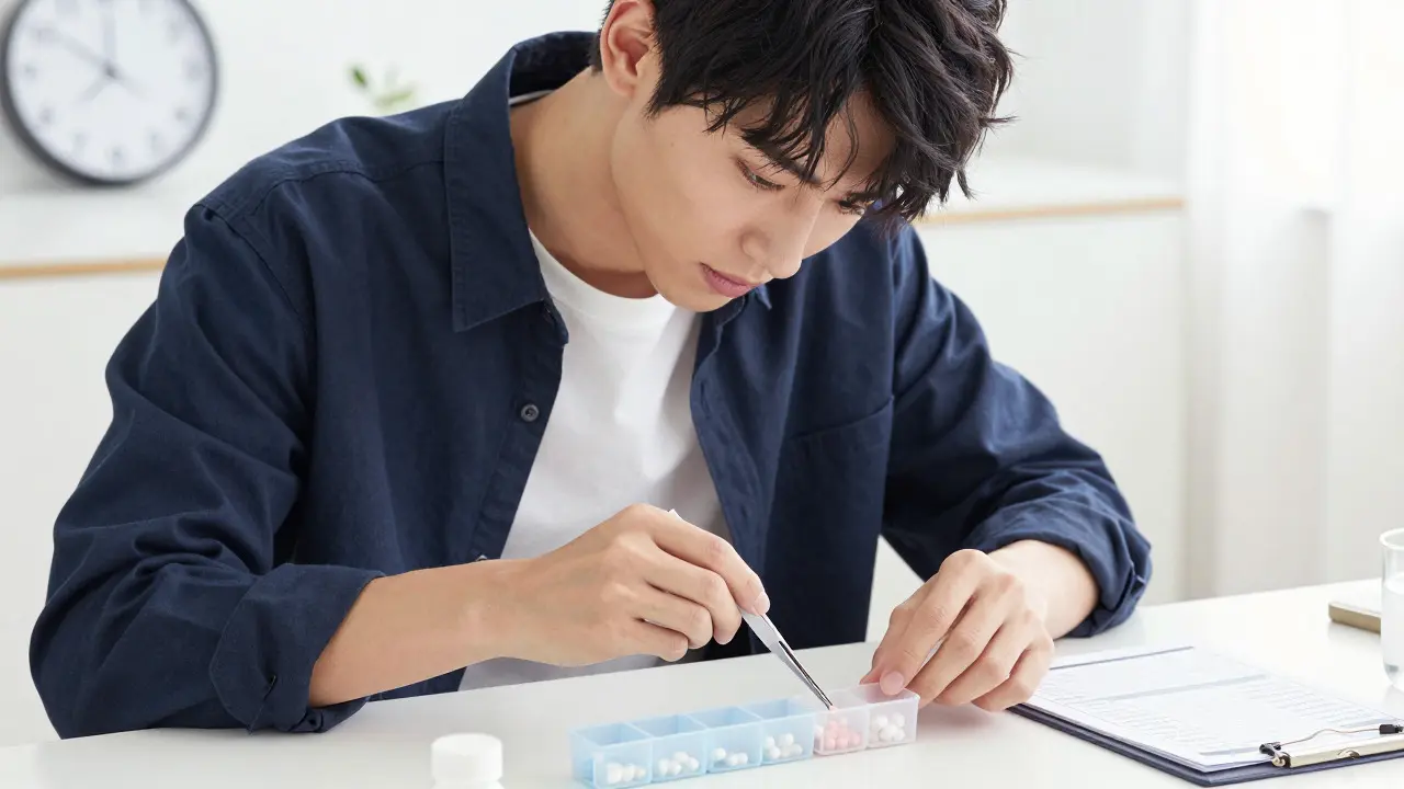 Anime character carefully loading pills into an organizer using tweezers for hygiene.