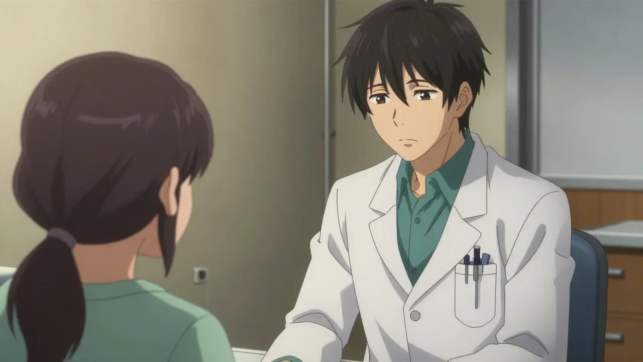 Anime doctor consulting with patient about medication shortage
