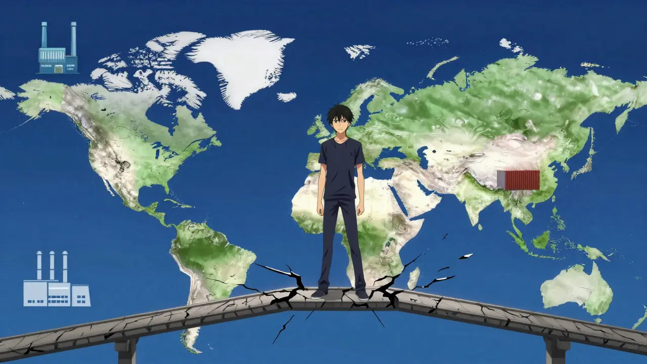 Anime illustration of fragile global drug supply chain bridge