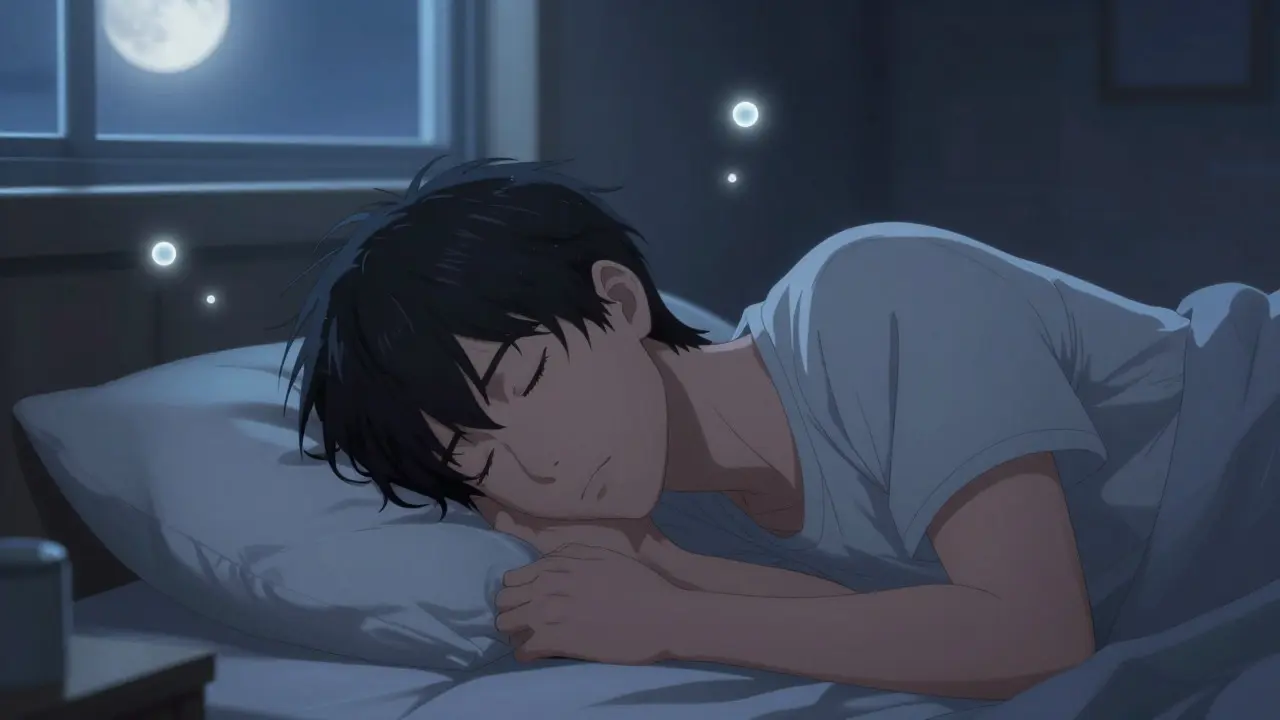 Anime man sleeping peacefully in a moonlit bedroom