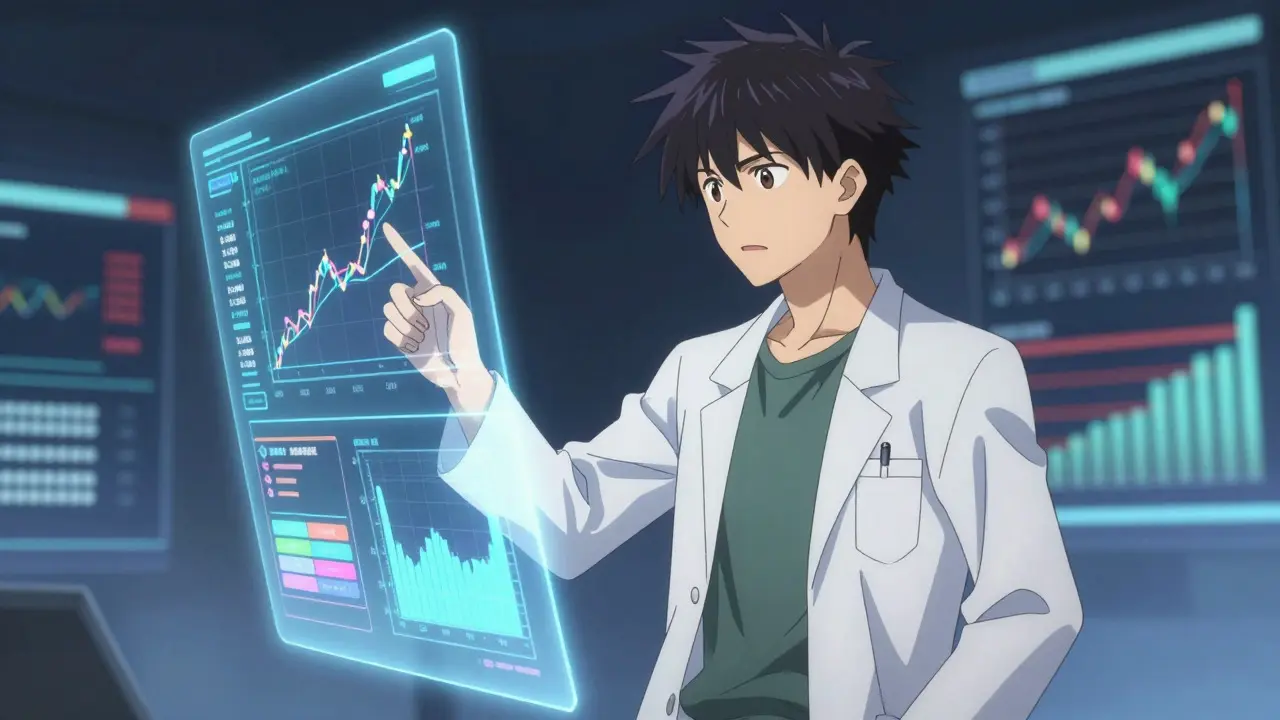 Anime researcher analyzing pharmaceutical market data