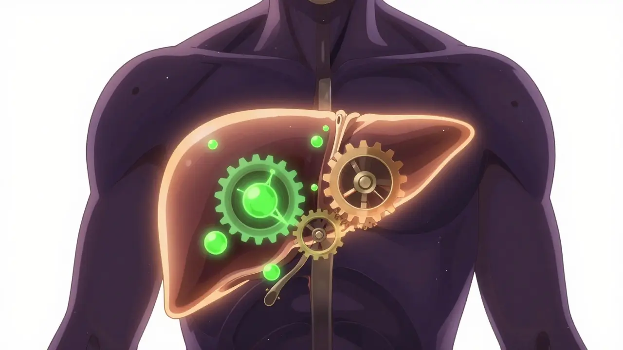 Anime-style illustration of a liver with gears slowing down due to green CBD particles