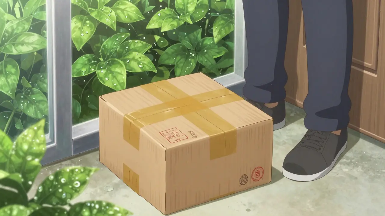 Anime style sealed delivery package on a doorstep with plants