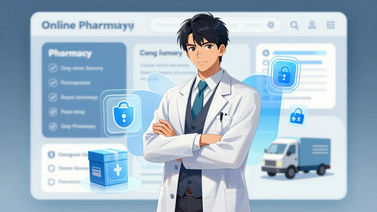 Bishounen pharmacist character surrounded by holographic pharmacy icons