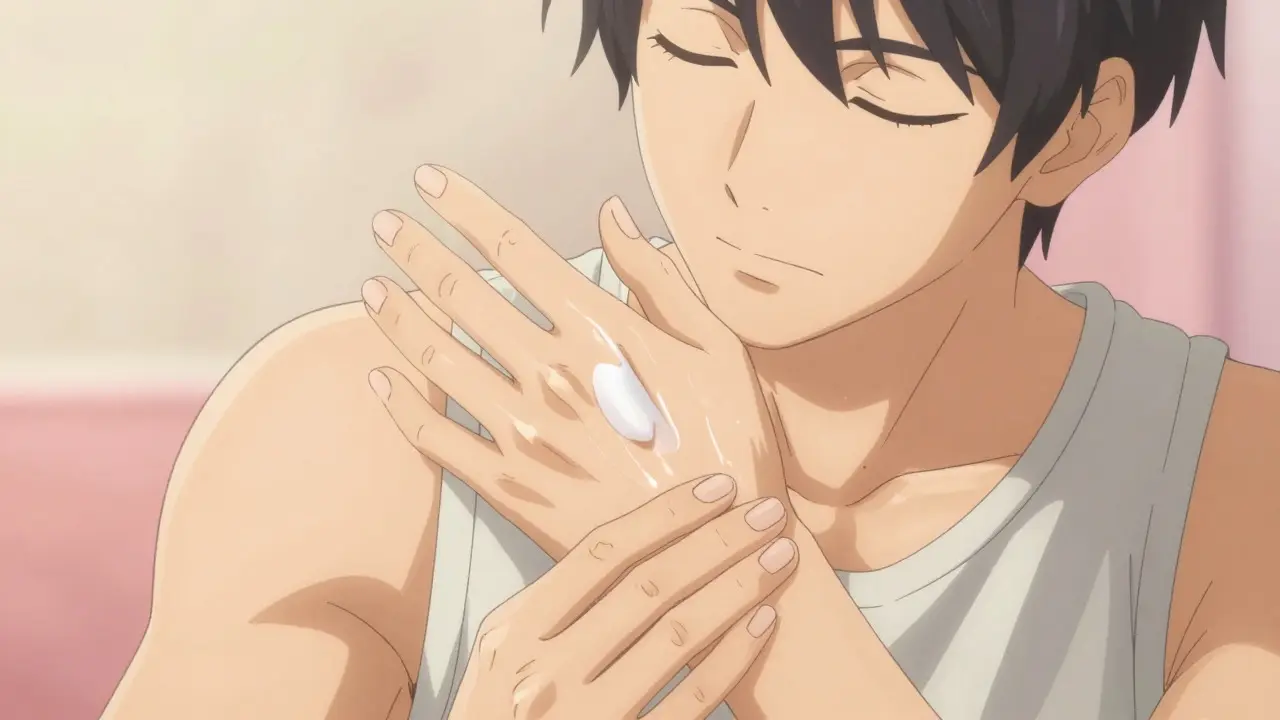 Bishounen-style anime of a man applying moisturizer to his arm