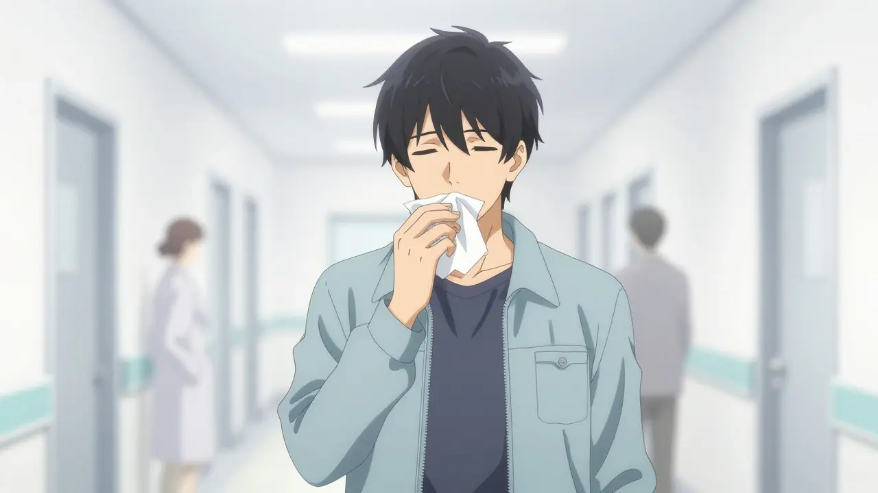 Bishounen-style anime of a man with a cold in a clinic