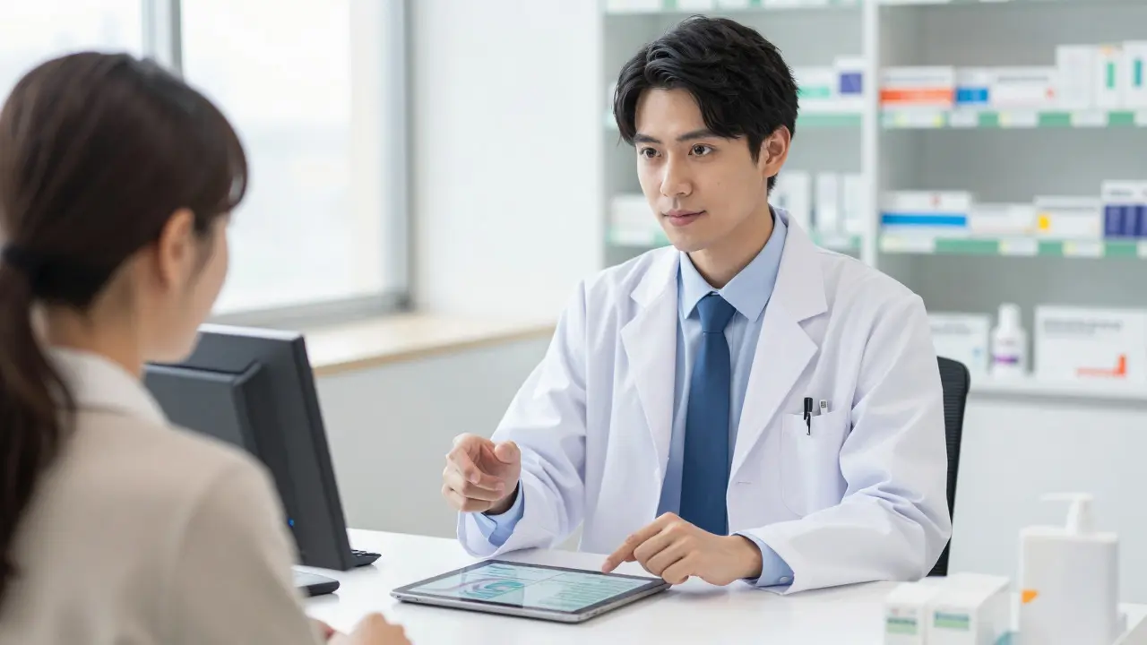 Bishounen-style pharmacist advising a patient in a bright pharmacy setting