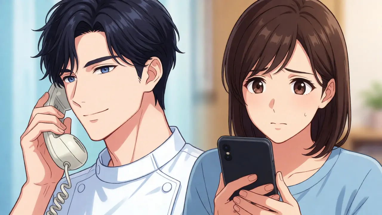 Bishounen style pharmacist assisting a parent via phone call