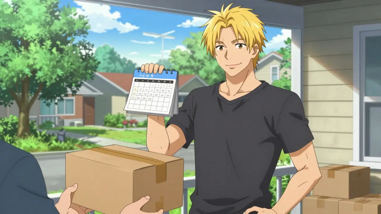 Man receiving medication delivery package on sunny porch