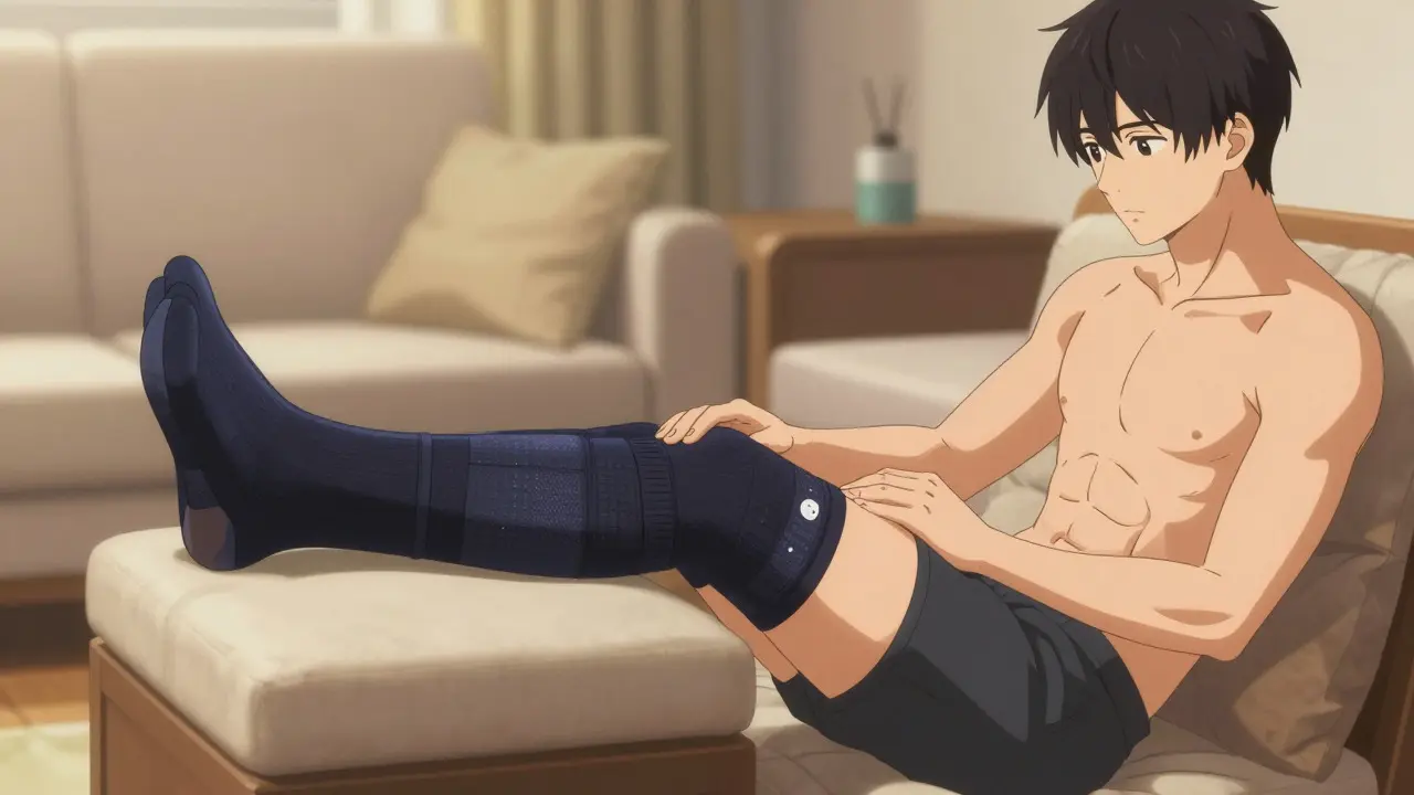 Man wearing compression stockings elevating legs